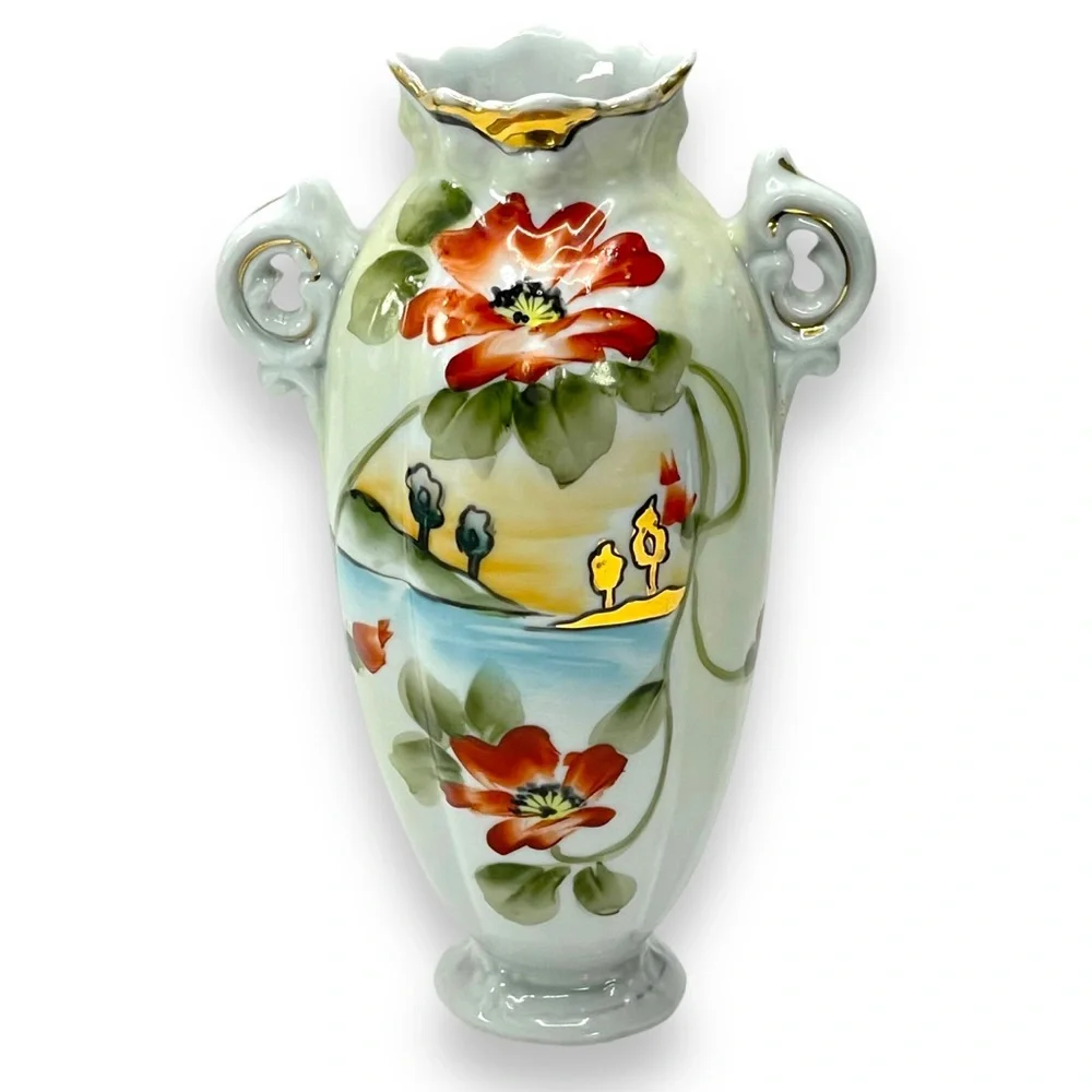 Nippon Hand-Painted Porcelian 2 Handle Vase Floral Lake Pattern & Gold Trim